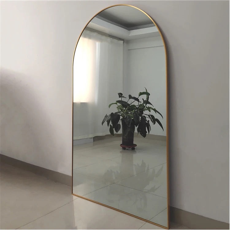 Gold Frame Leaning Large Arch Mirror Aesthetic Neutral Living Room Bedroom Interior Design