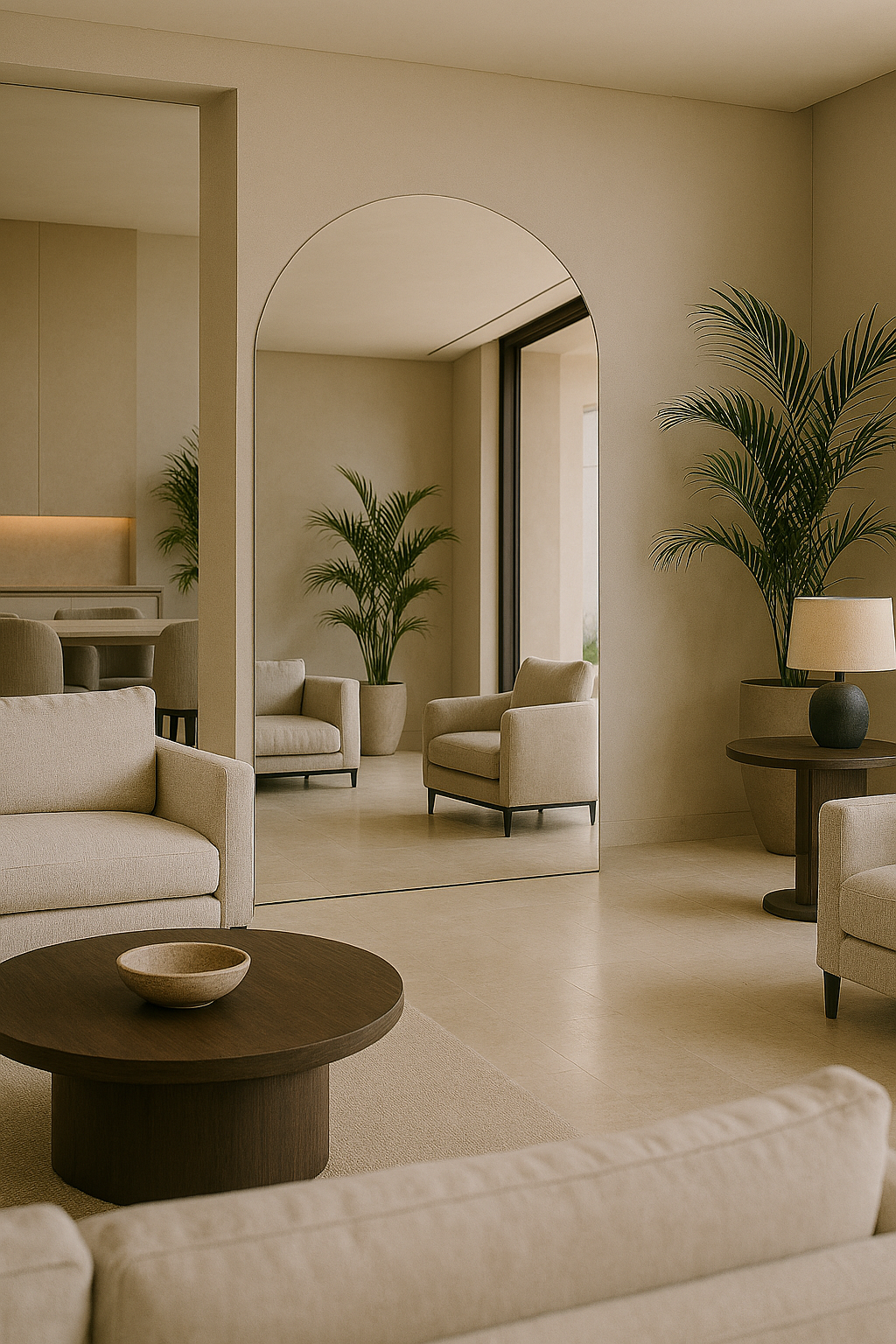 Leaning Frameless Large Arch Mirror Aesthetic Neutral Living Room Bedroom Interior Design