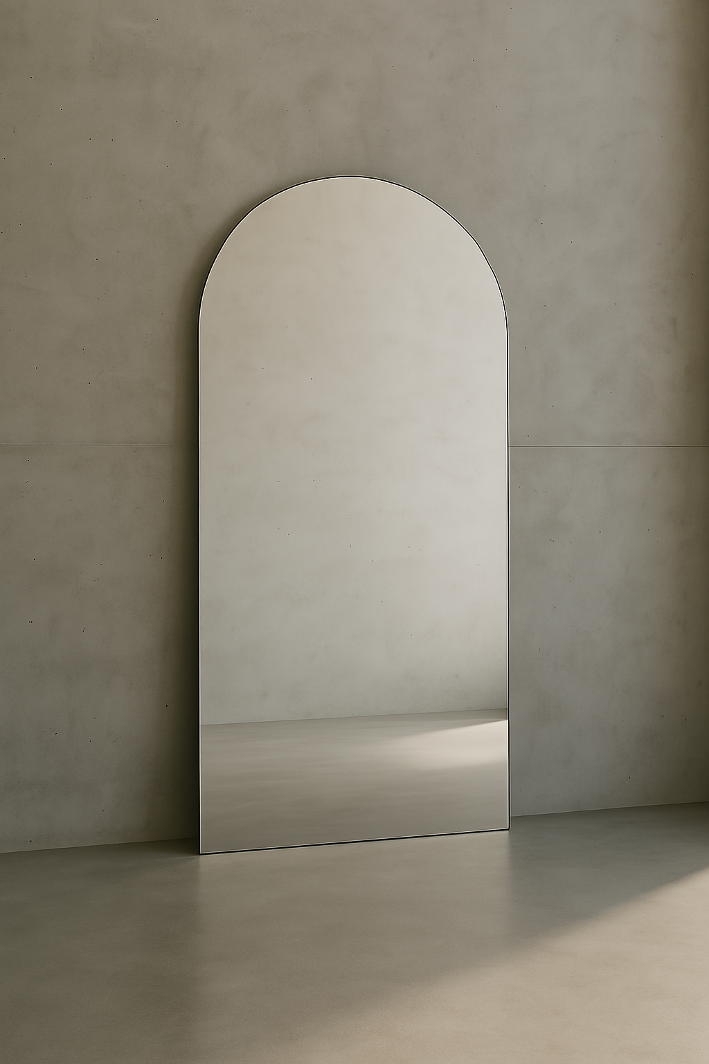 Leaning Frameless Large Arch Mirror Aesthetic Neutral Living Room Bedroom Interior Design