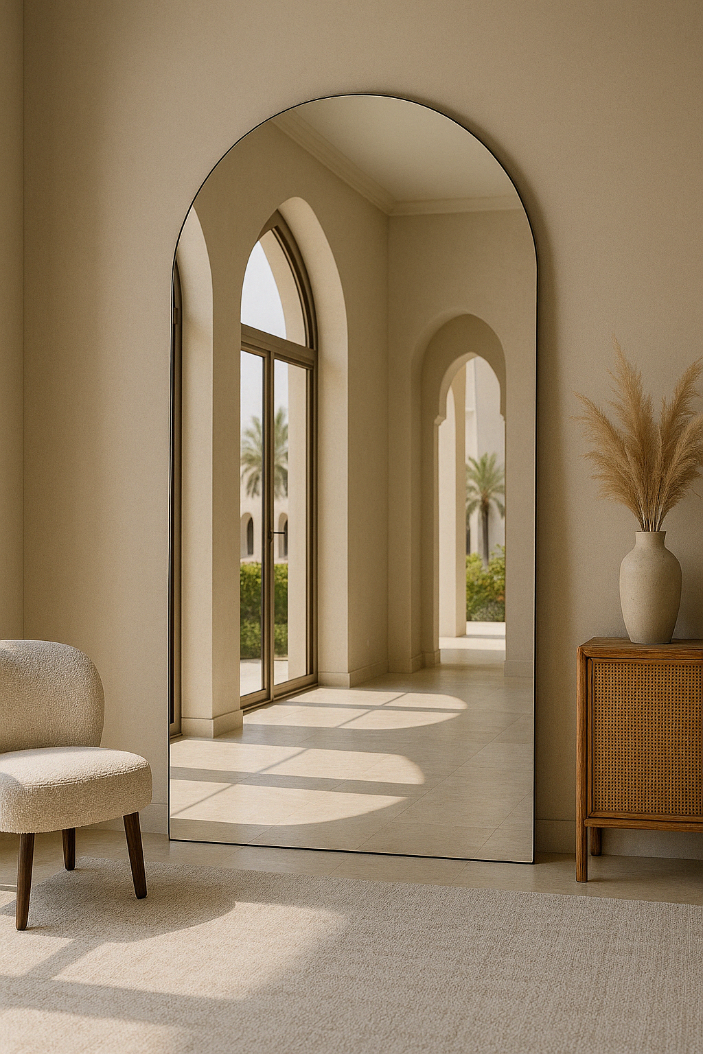 Leaning Frameless Large Arch Mirror Aesthetic Neutral Living Room Bedroom Interior Design