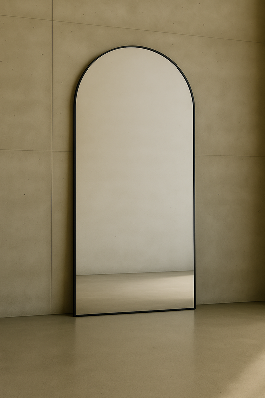 Black Frame Leaning Large Arch Mirror Aesthetic Neutral Living Room Bedroom Interior Design