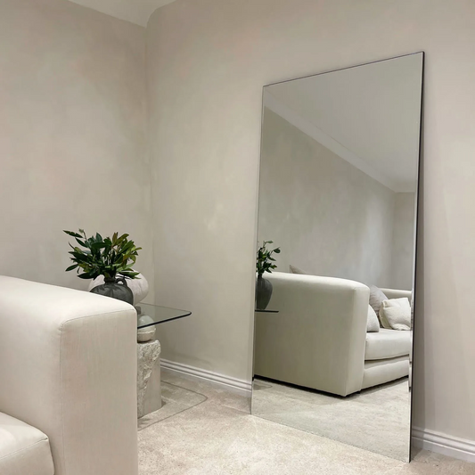 Leaning Frameless Large Arch Mirror Aesthetic Neutral Living Room Bedroom Interior Design