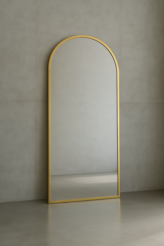 Gold Frame Leaning Large Arch Mirror Aesthetic Neutral Living Room Bedroom Interior Design