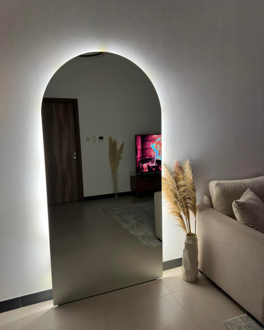 Irregular Leaning Frameless Large Arch Mirror Aesthetic Neutral Living Room Bedroom Interior Design LED Backlit