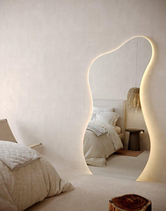 Irregular Leaning Frameless Large Arch Mirror Aesthetic Neutral Living Room Bedroom Interior Design LED Backlit