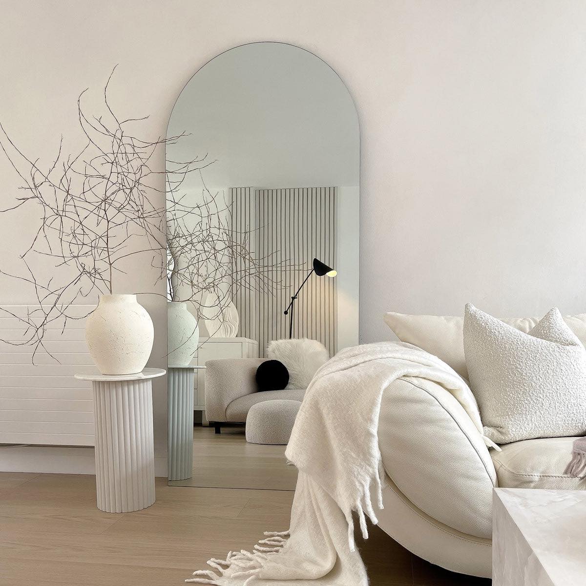 Leaning Frameless Large Arch Mirror Aesthetic Neutral Living Room Bedroom Interior Design