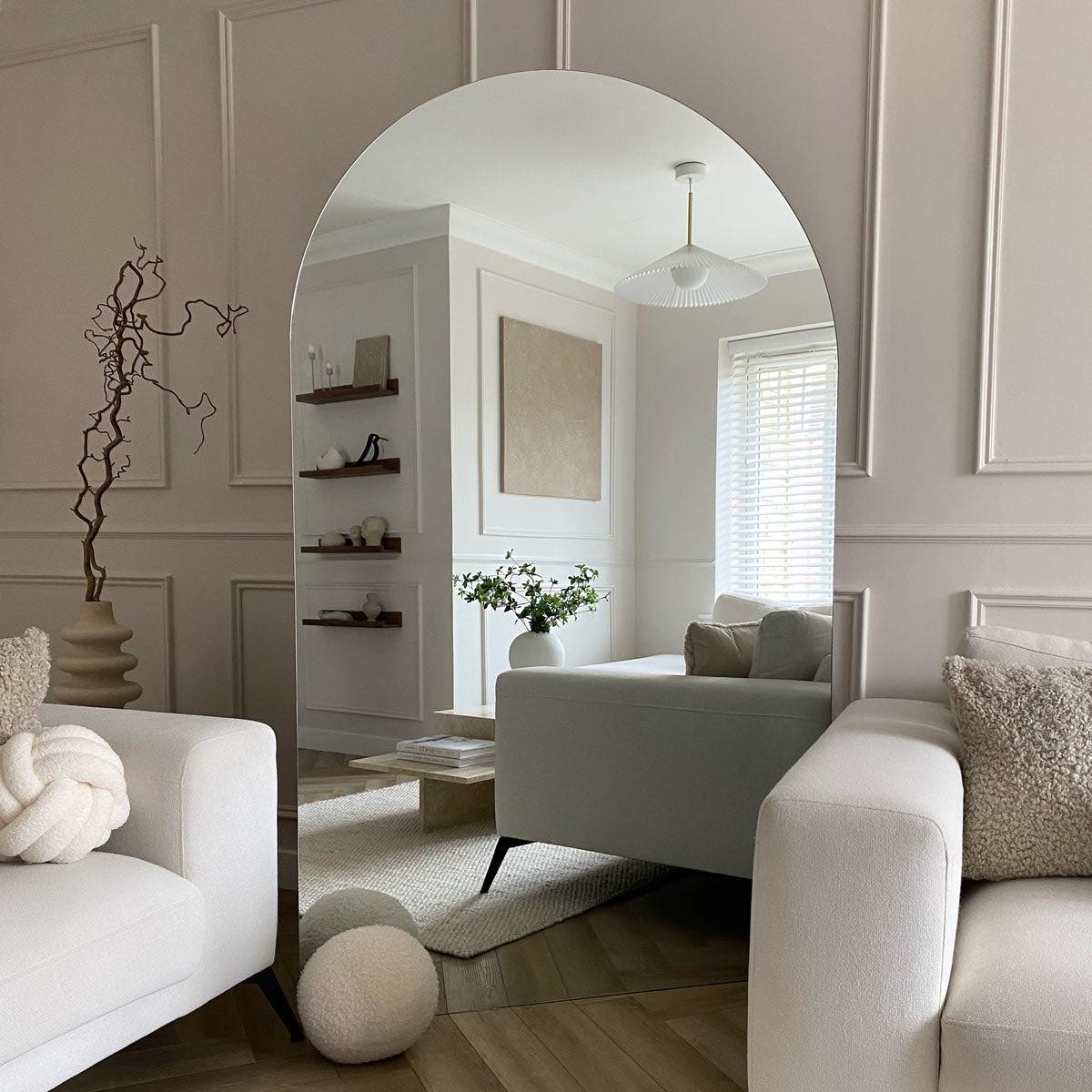 Leaning Frameless Large Arch Mirror Aesthetic Neutral Living Room Bedroom Interior Design