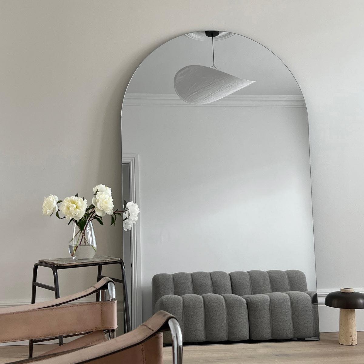 Leaning Frameless Large Arch Mirror Aesthetic Neutral Living Room Bedroom Interior Design