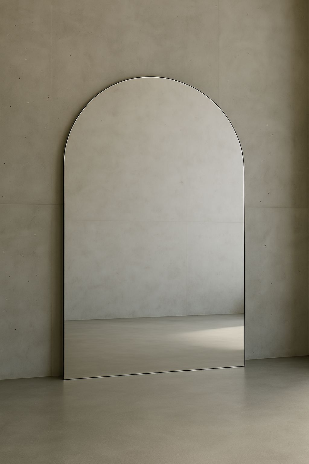 Leaning Frameless Large Arch Mirror Aesthetic Neutral Living Room Bedroom Interior Design