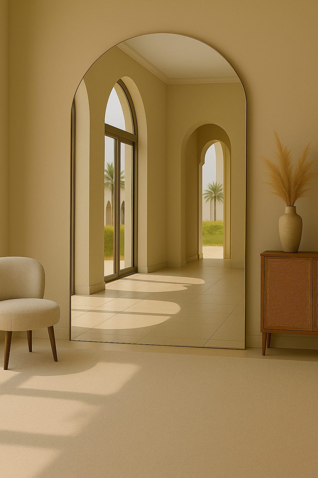 Leaning Frameless Large Arch Mirror Aesthetic Neutral Living Room Bedroom Interior Design